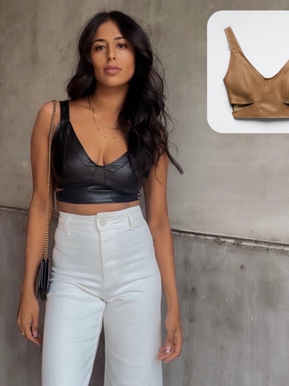 Zara Black Faux-Leather Cropped V-Neck Crop Top M Black